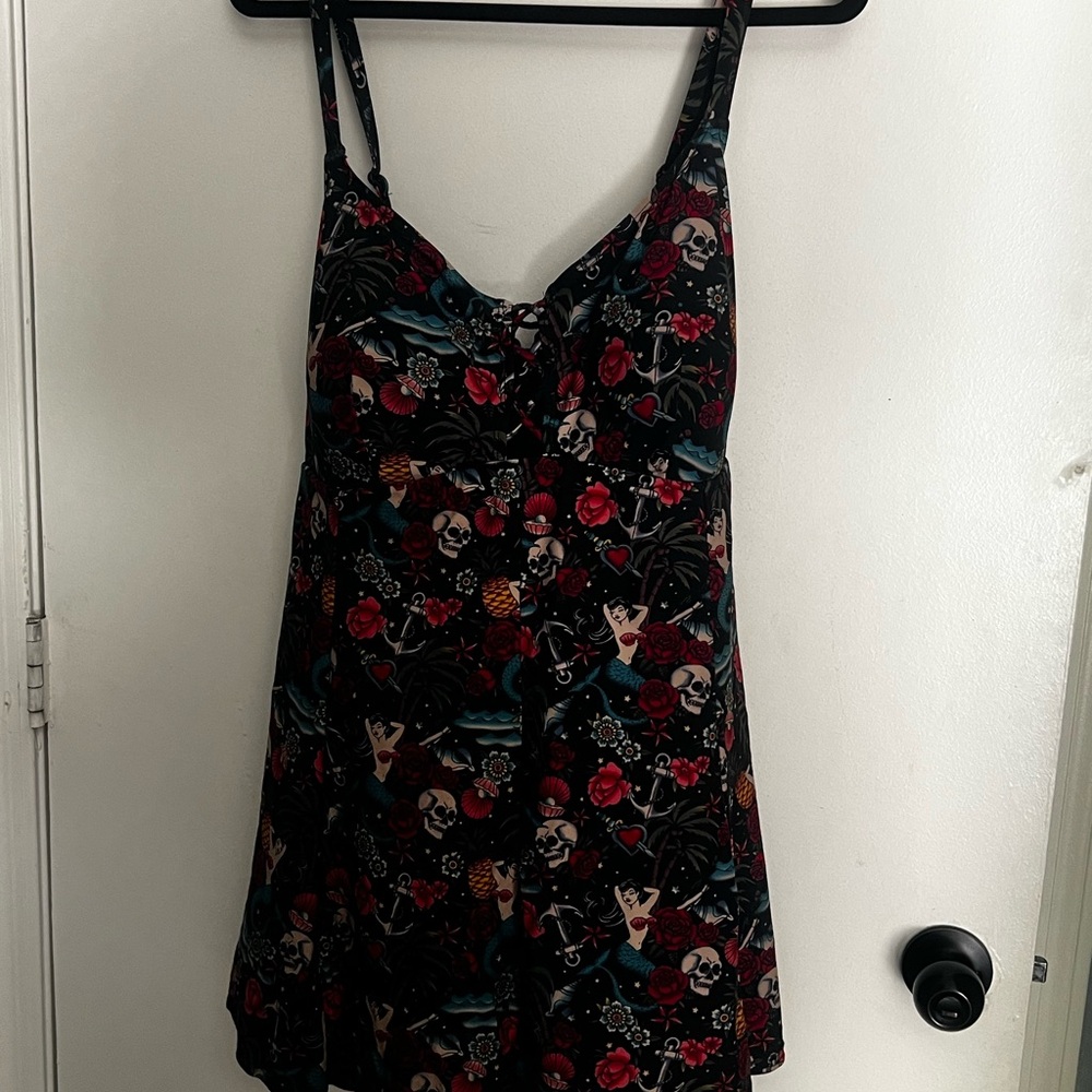 Torrid Black swim Dress with Floral and Skull Design